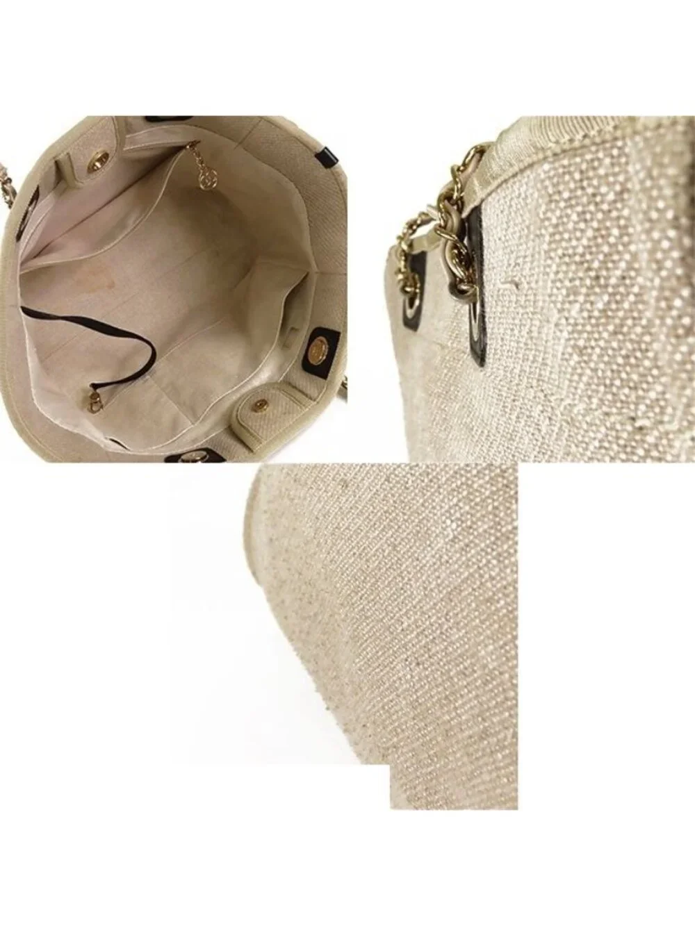 Chanel Deauville MM Beige Gold Canvas Leather 2-Way Shoulder Bag